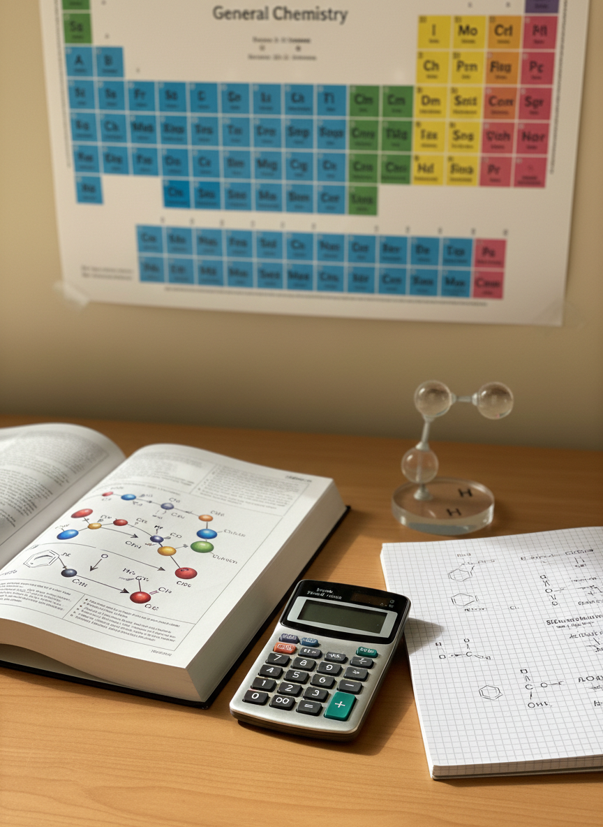 A neat chemistry study desk arranged for an undergraduate course, featuring an open general chemistry textbook with colorful molecular diagrams, a ruled notebook filled with neatly written reaction mechanisms, and a sleek silver scientific calculator. Beside them, a transparent acrylic model of a water molecule and a labeled periodic table poster in the background sit against a soft, neutral wall. Gentle daylight from an unseen window to the left creates soft, natural highlights on the glossy paper and calculator keys, casting subtle shadows across the wooden desktop. Photographic realism, shot at eye level with a shallow depth of field so the foreground materials are in crisp focus while the background blurs slightly, creating a calm, organized, professional academic atmosphere suitable for a course resources homepage.