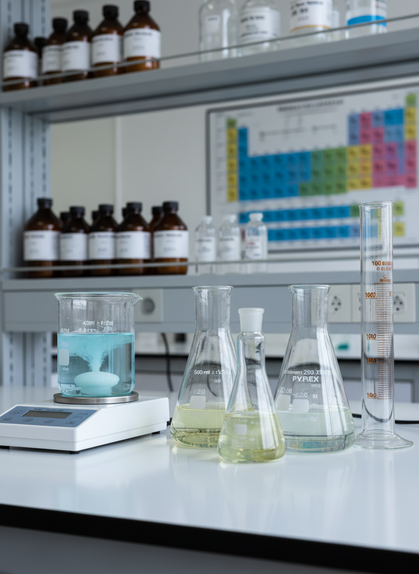 A close-up, photographic view of a clean laboratory bench in an academic chemistry lab, lined with colorless and softly tinted glassware: volumetric flasks, Erlenmeyer flasks, and graduated cylinders, each marked with precise calibration lines and clear labels. A magnetic stir plate holds a beaker of pale blue solution mid-stir, with tiny bubbles rising. In the background, shelves with neatly arranged reagent bottles and a prominently displayed periodic table are softly out of focus. Cool, even overhead lab lighting reflects off the glass surfaces, creating crisp highlights and subtle reflections on the polished benchtop. The composition uses the rule of thirds, capturing a professional, meticulous atmosphere ideal for illustrating course resources in chemistry and biochemistry education, with sharp, photographic realism throughout the main glassware.